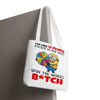 Funny Minion tote bag with cheeky design, durable polyester, and multiple handle color options.