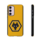 Wolves FC Magnetic Samsung Case with gold and black crest, dual-layer protection, and wireless charging compatibility