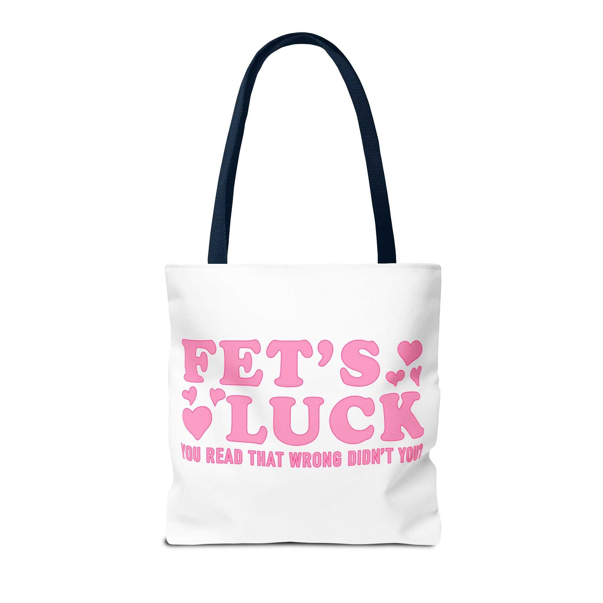 Pink heart tote bag with cheeky fun design and colorful handles for everyday use