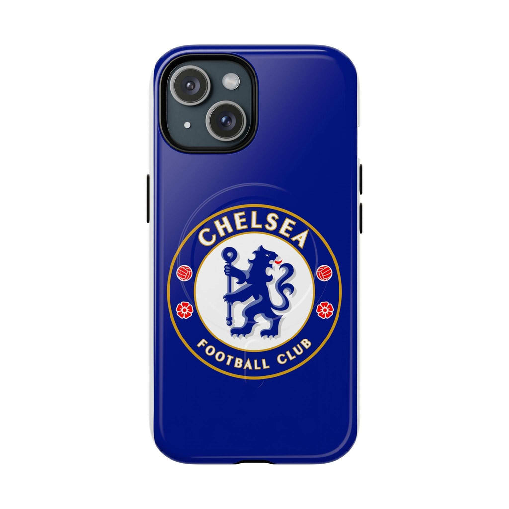 Chelsea FC MagSafe iPhone case with royal blue colors and club crest, dual-layer protection, and wireless charging compatibility