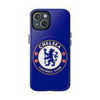 Chelsea FC MagSafe iPhone case with royal blue colors and club crest, dual-layer protection, and wireless charging compatibility