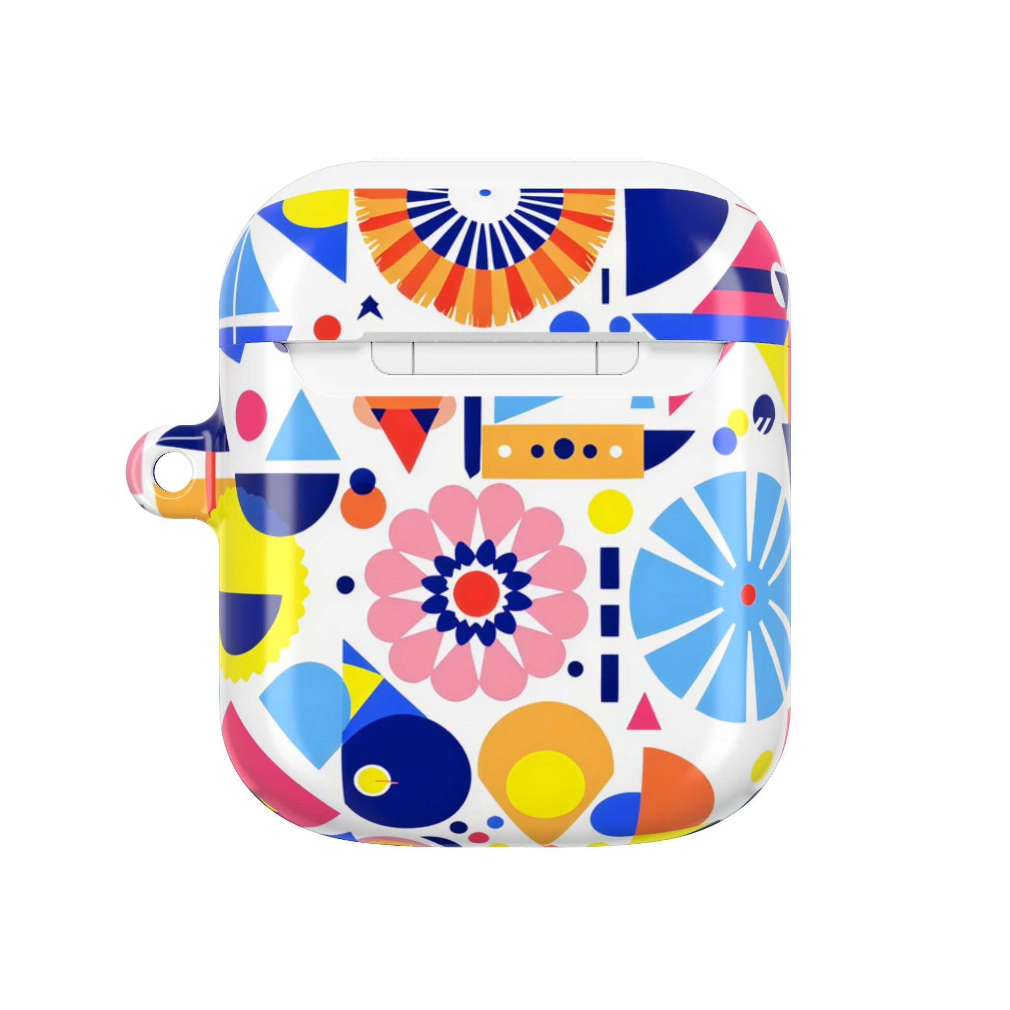 Bright geometric print protective hard shell case for AirPods and AirPods Pro with vibrant colorful design and glossy finish
