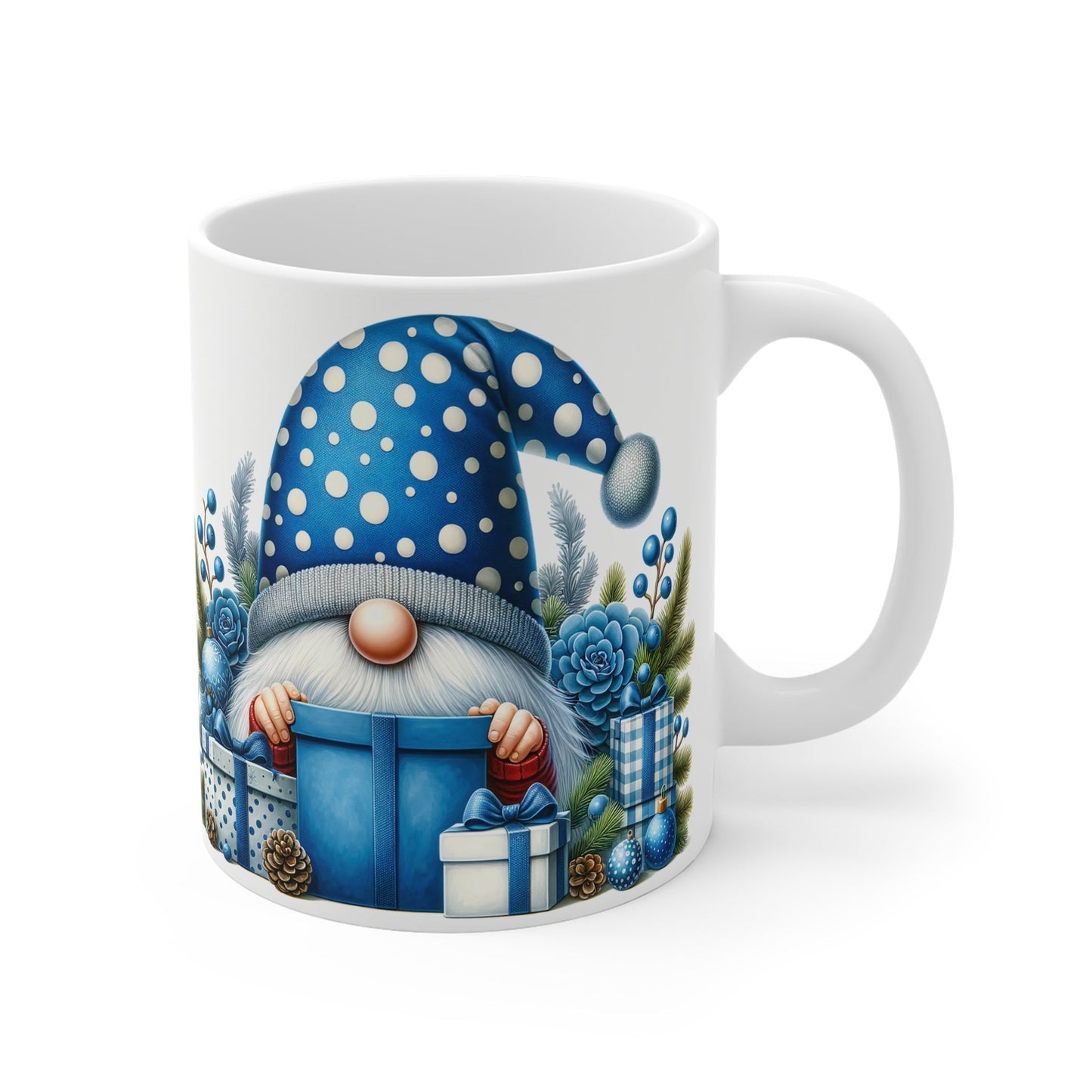 Cute gnome Christmas mug with blue polka dot hat and gifts, 11oz ceramic, festive drinkware.