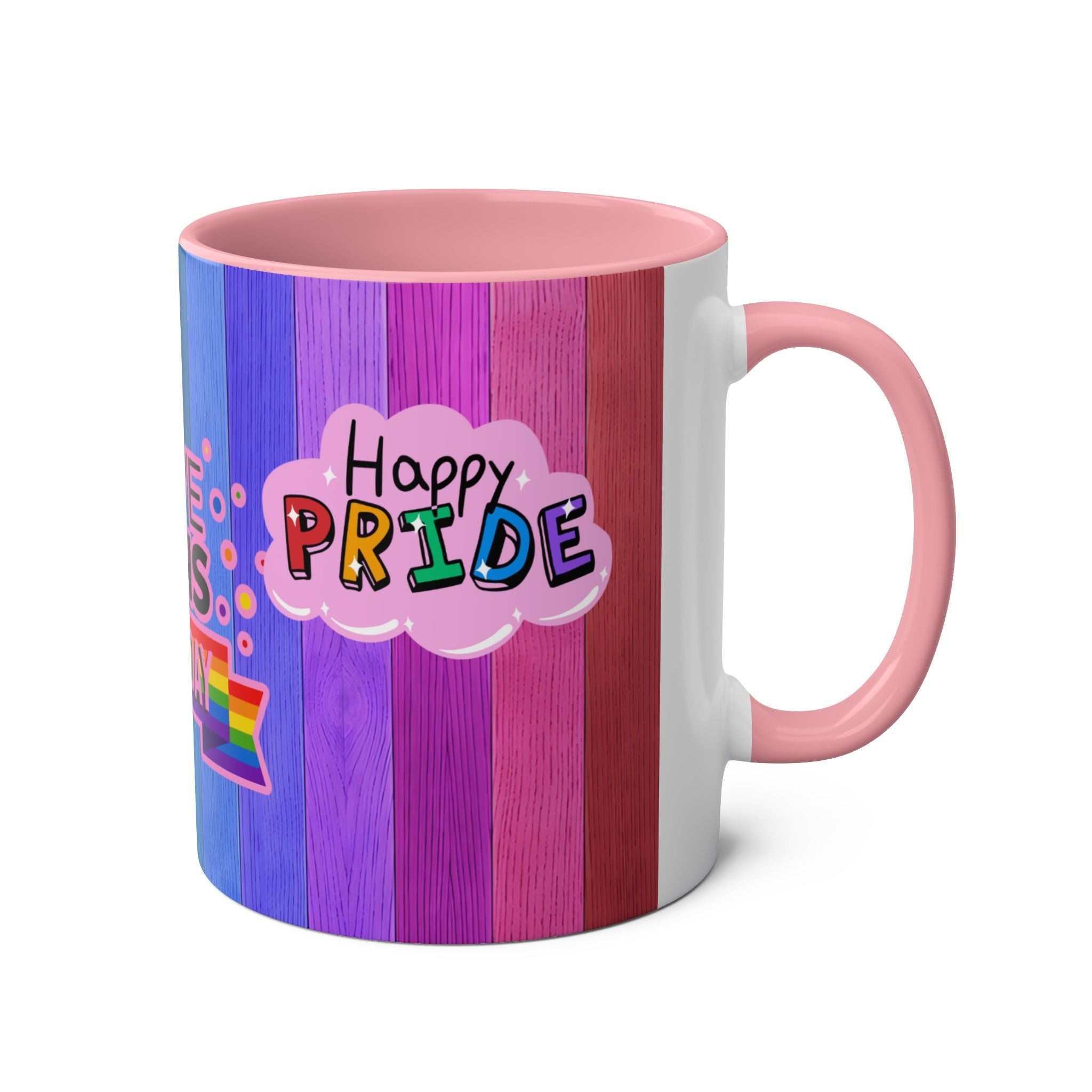 LGBTQ+ Pride Mug with vibrant rainbow design, 11oz ceramic, glossy finish.