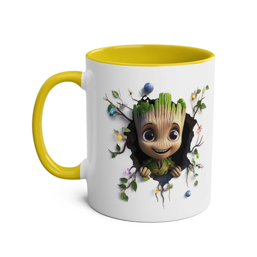 Baby Groot themed coffee mug with playful design, 11oz ceramic, available in 7 colors, glossy finish.