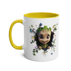 Baby Groot themed coffee mug with playful design, 11oz ceramic, available in 7 colors, glossy finish.