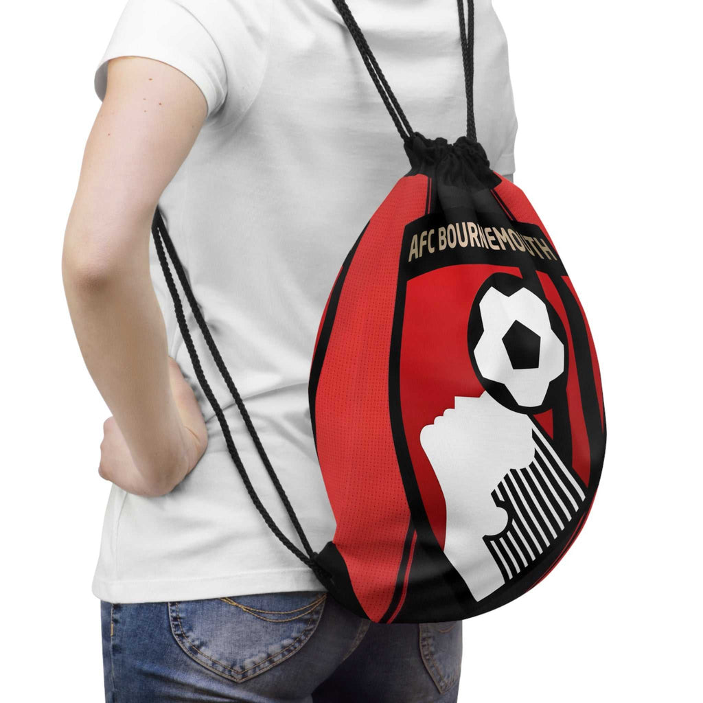 AFC Bournemouth drawstring bag with club crest and red-black stripes, lightweight polyester, spacious interior, and reinforced corners, perfect for gym and casual use