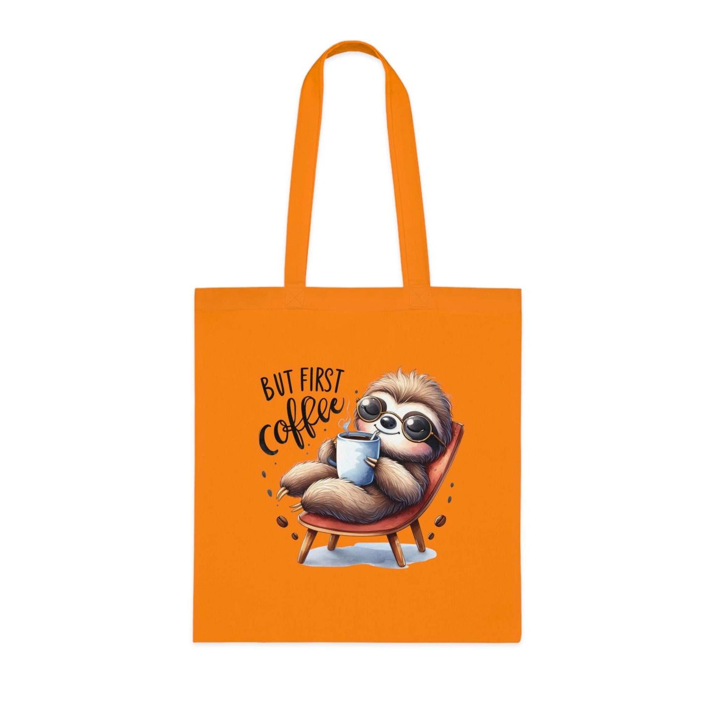 Cotton tote featuring cute sloth design with "But First Coffee" message, vibrant orange color.