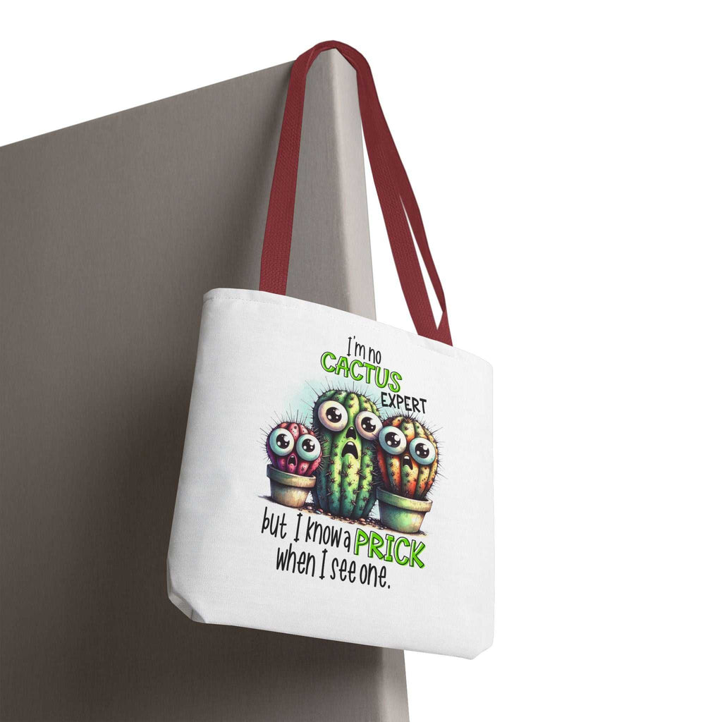 Fun cactus tote bag with cheeky design, durable spun polyester, multiple sizes and handle colors for everyday use