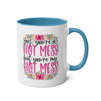 Hot Mess Coffee Mug with colorful design and playful text, featuring a blue handle and interior.