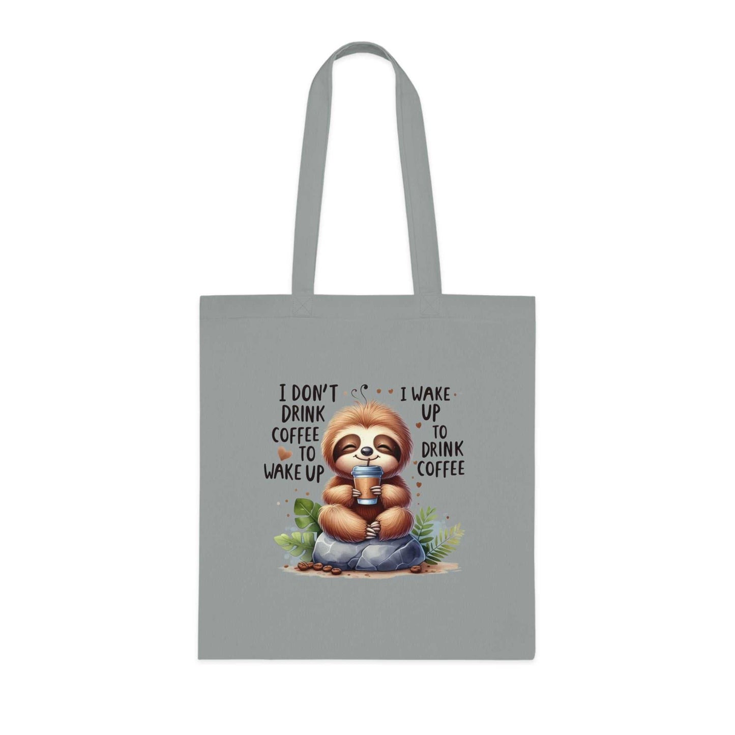 Cute sloth tote bag with whimsical design, 100% cotton, 42cm x 38cm, reinforced handles, available in 6 colors.