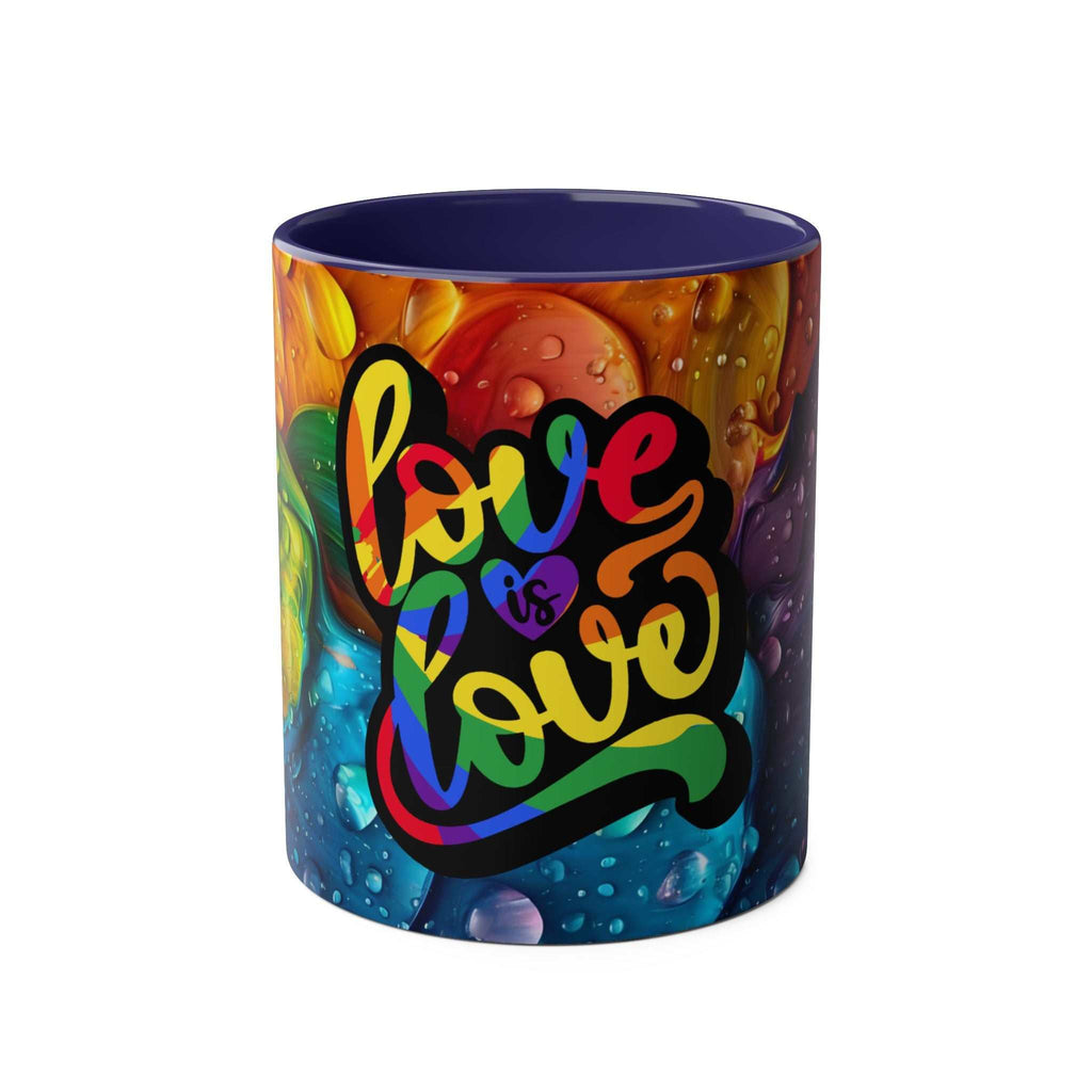 LGBTQ+ Pride mug with vibrant rainbow design and "Love is Love" message.
