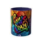 LGBTQ+ Pride mug with vibrant rainbow design and "Love is Love" message.