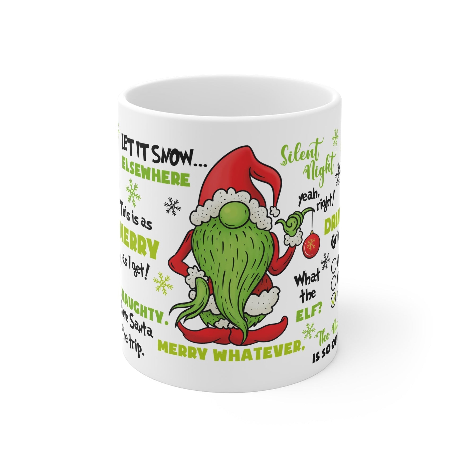 Grinch Christmas Mug with festive design, 11oz ceramic, glossy finish, microwave and dishwasher safe.