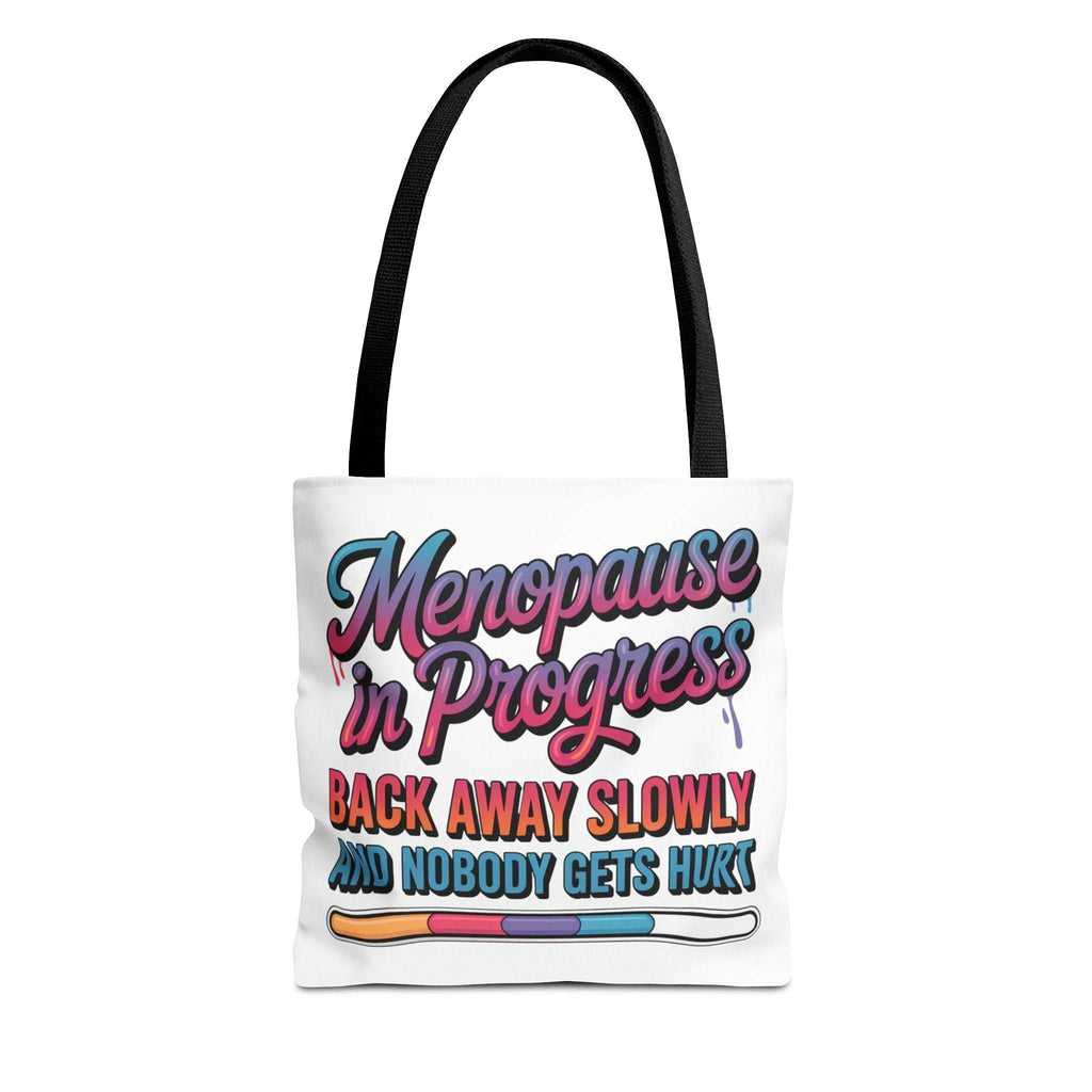 Menopause in Progress tote bag with cheeky design, durable polyester, multiple sizes and handle colors, lightweight and reusable