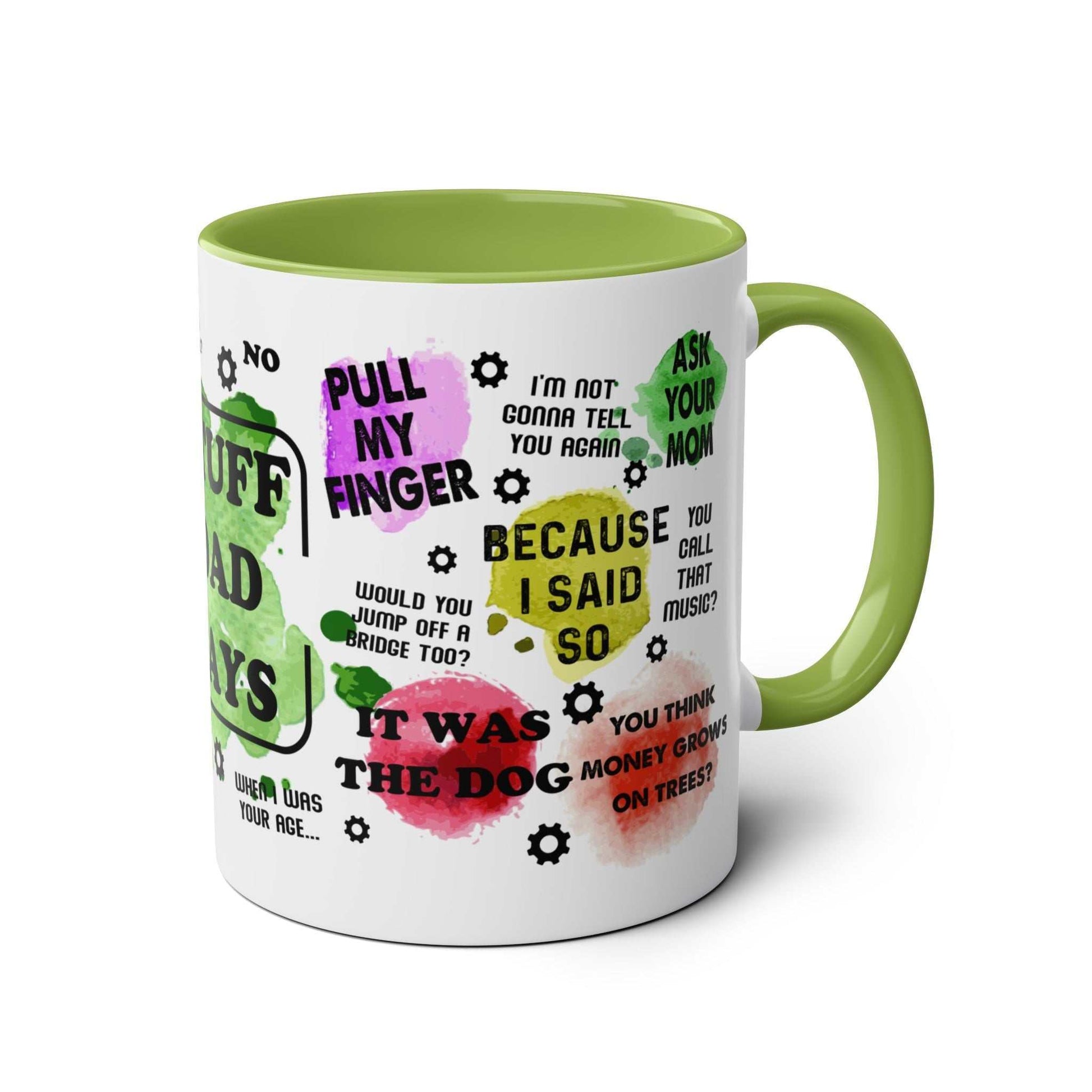 Fun Fathers Day Gift Mug with colorful phrases and green handle, 11oz ceramic, glossy finish.