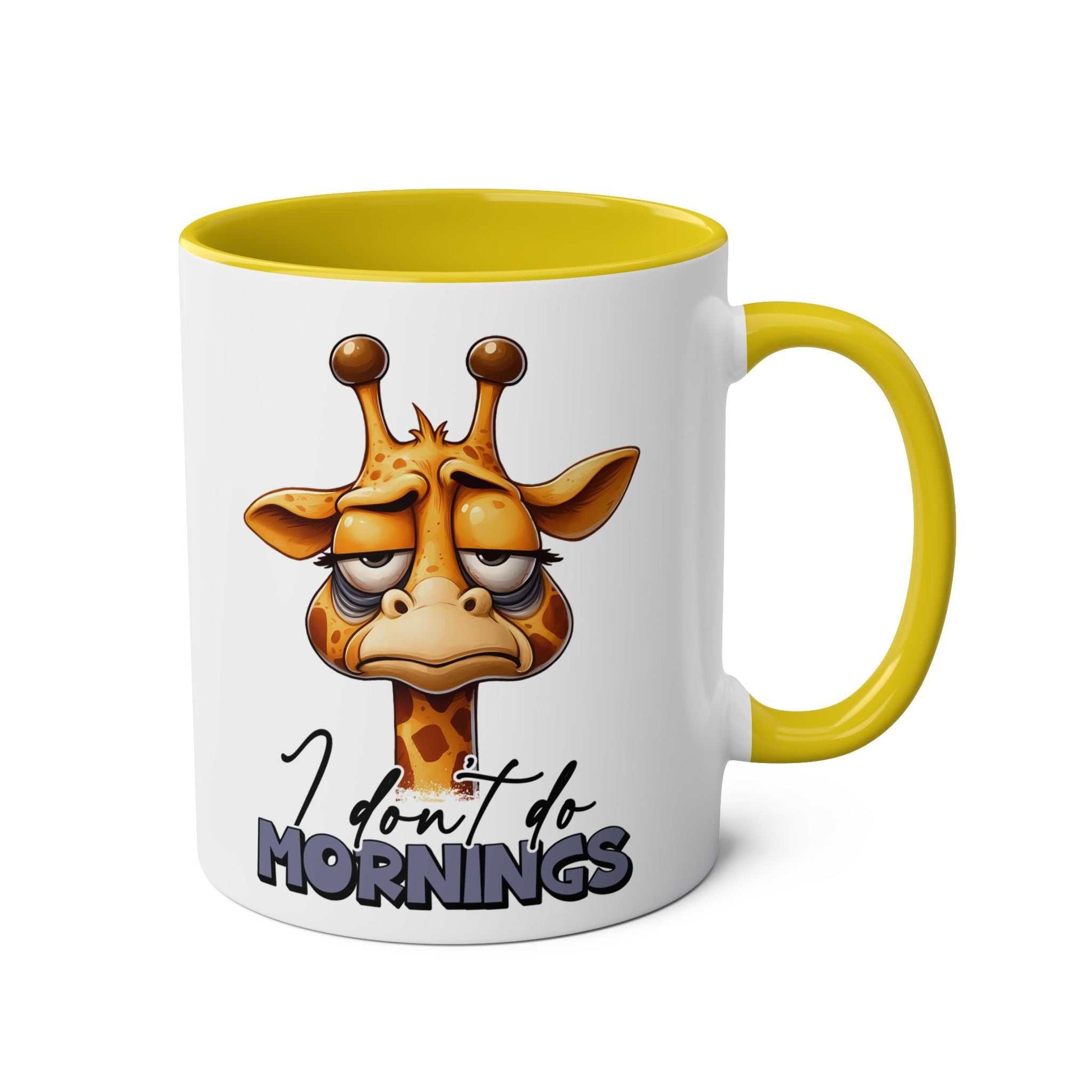 Dont Do Mornings Coffee Mug with giraffe design and yellow interior.