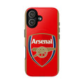 Arsenal FC MagSafe iPhone case in red with official-inspired crest, dual-layer protection, and wireless charging compatibility