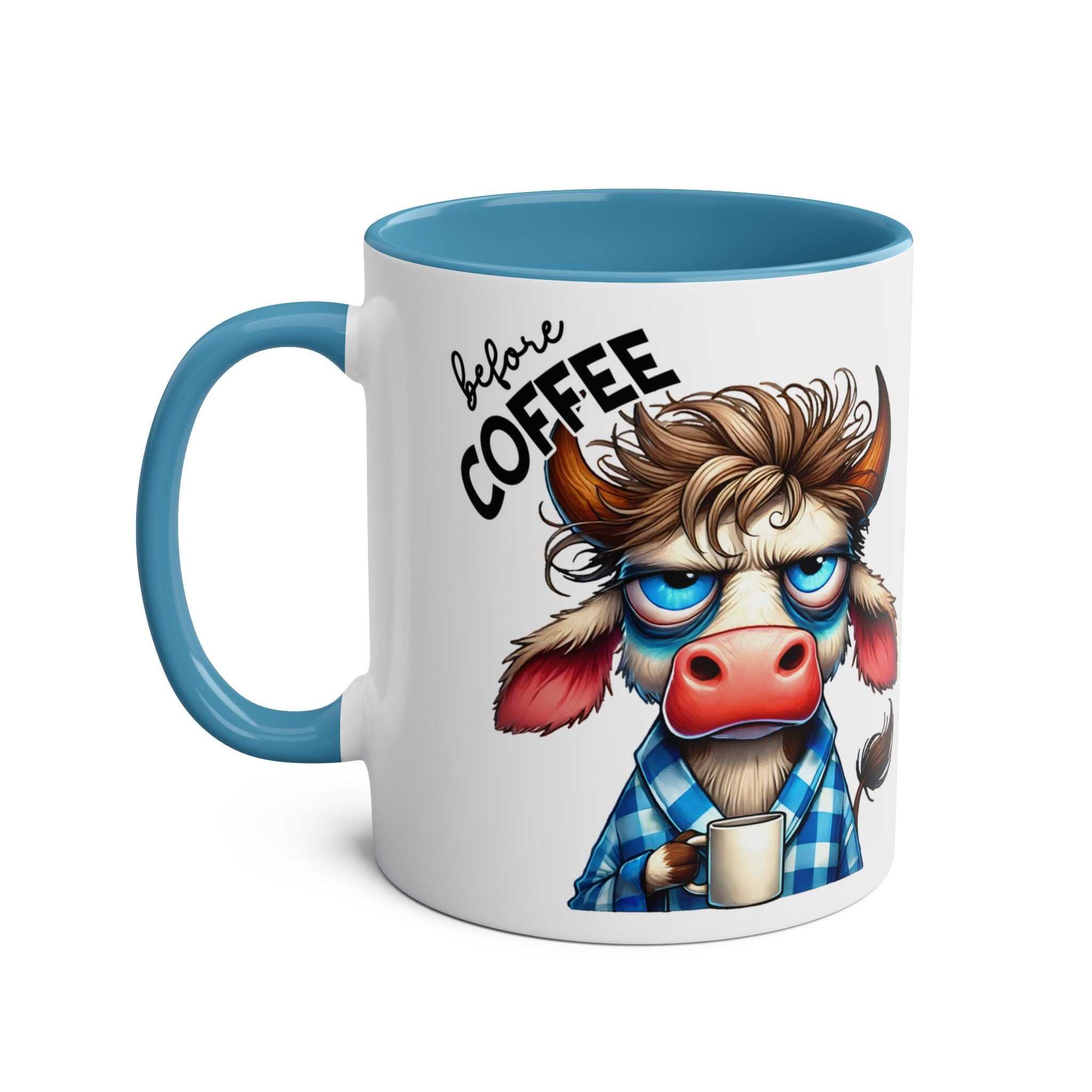 Fun sarcastic coffee mug with humorous cow design, blue handle, and glossy finish.