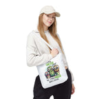 Fun cactus tote bag with cheeky design and colorful handles, made of durable spun polyester.