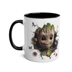 Baby Groot inspired coffee mug with a playful and durable design, 11oz ceramic, glossy finish, featuring vibrant colors and character print.