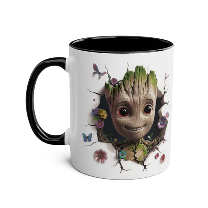 Baby Groot inspired coffee mug with a playful and durable design, 11oz ceramic, glossy finish, featuring vibrant colors and character print.
