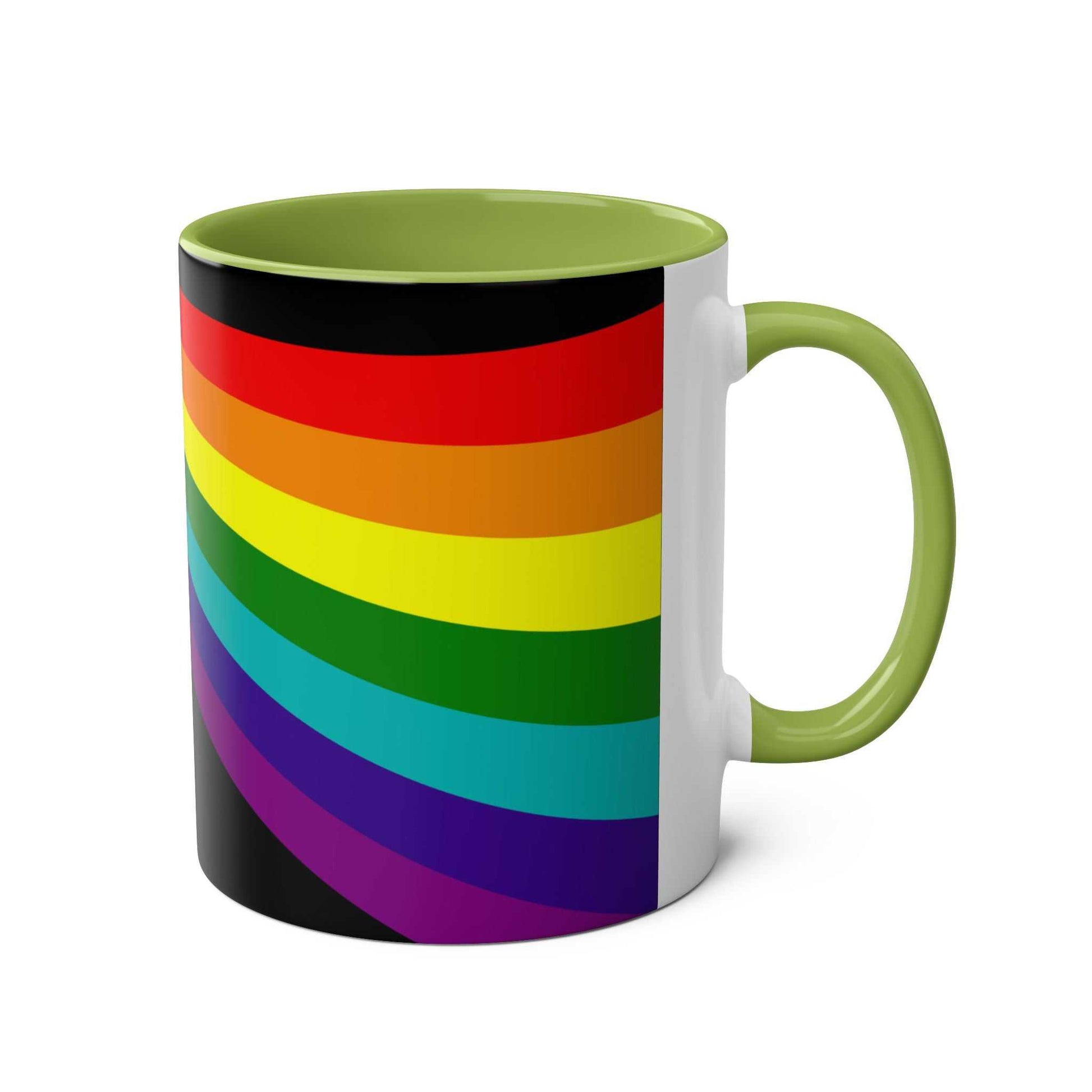 Vibrant rainbow ceramic LGBTQ+ Pride mug with green interior handle.