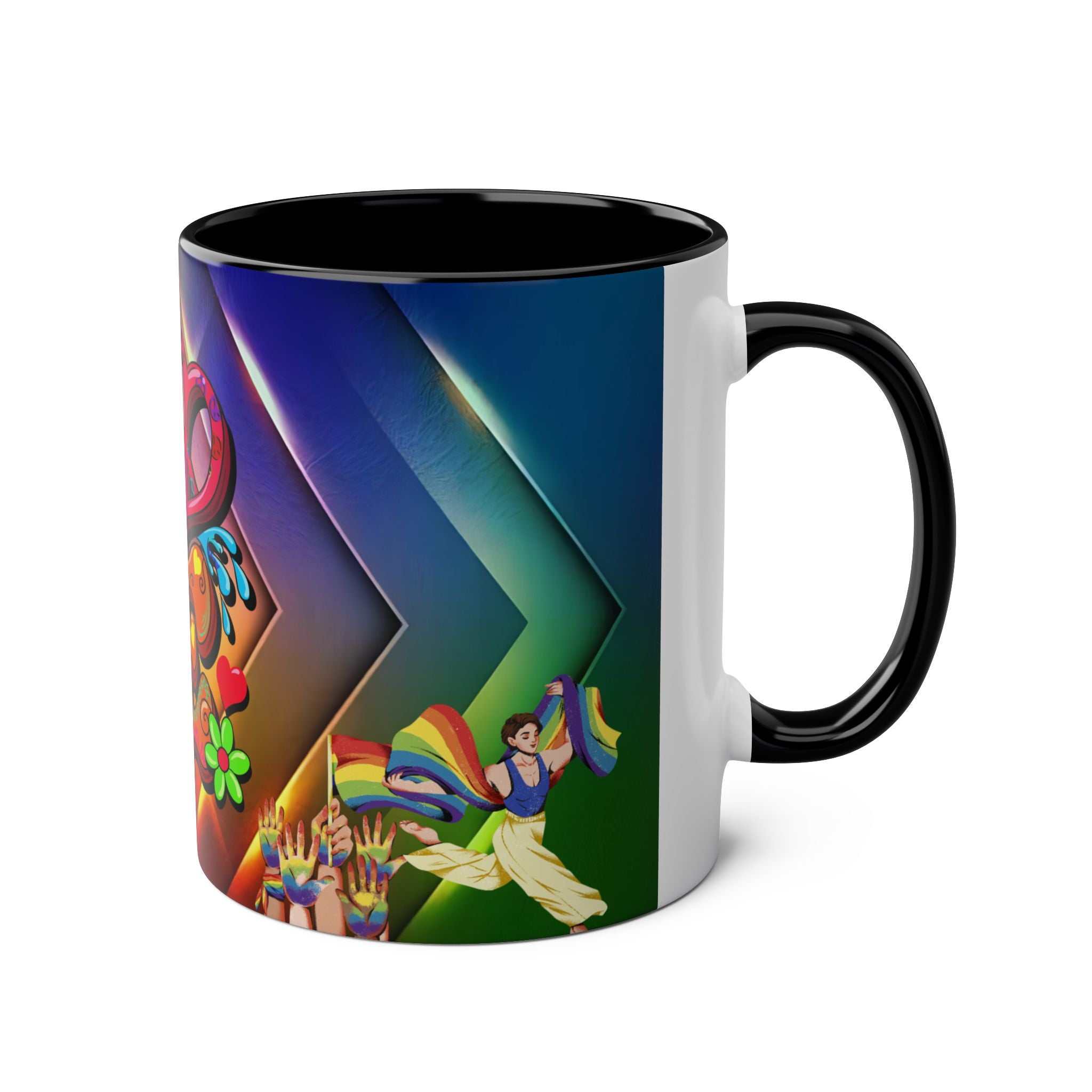 LGBTQ+ Pride mug with vibrant rainbow design and glossy finish.
