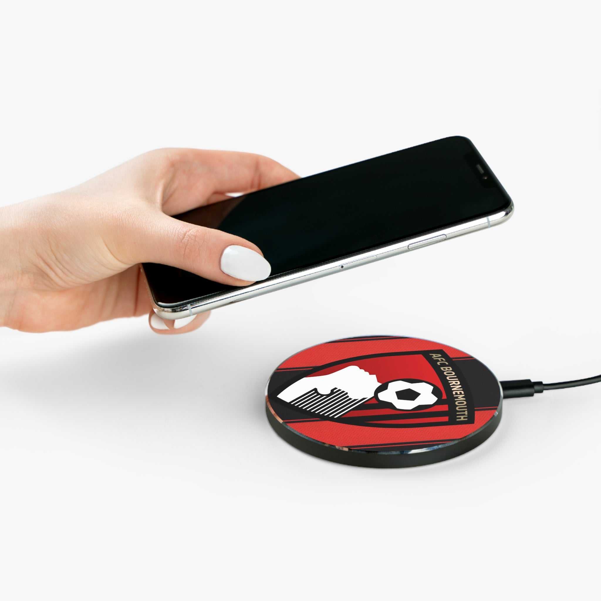 AFC Bournemouth wireless charger with red and black crest, 10W fast charging, aluminium casing, and non-slip base.