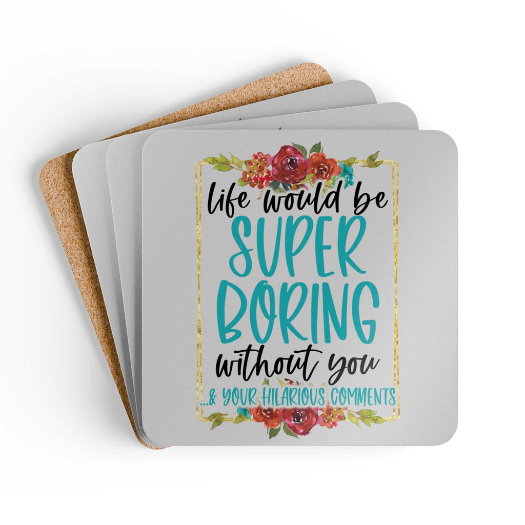 Coaster set with playful design, high-gloss MDF top, cork back, and rounded corners.