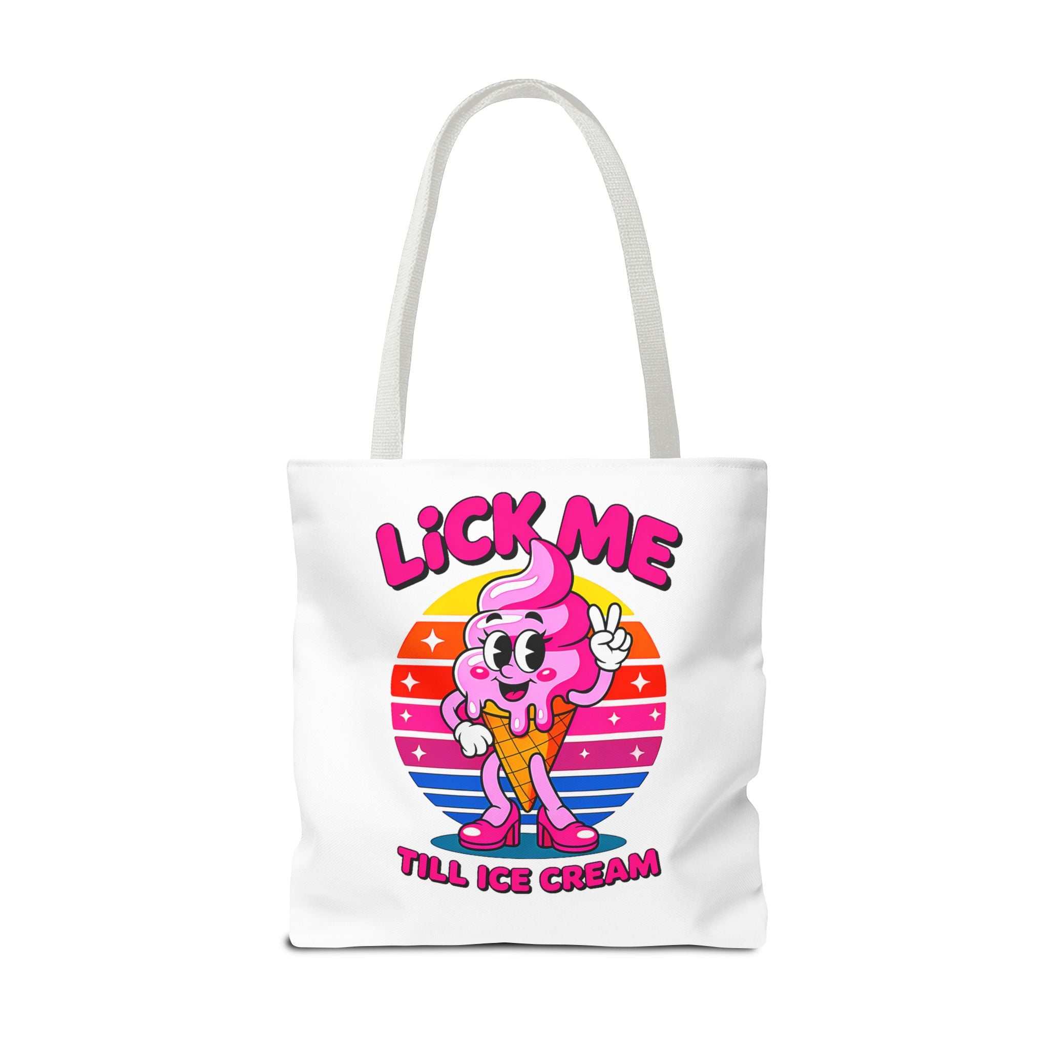 Cheeky Lick Me Till Ice Cream Tote Bag with colorful handles and durable spun polyester fabric