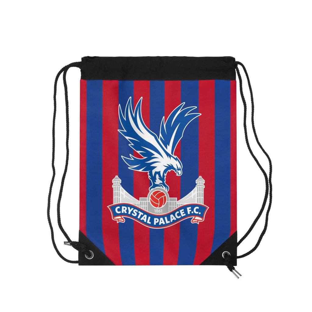 Crystal Palace FC drawstring bag with red and blue stripes and eagle crest, lightweight polyester gym and travel bag