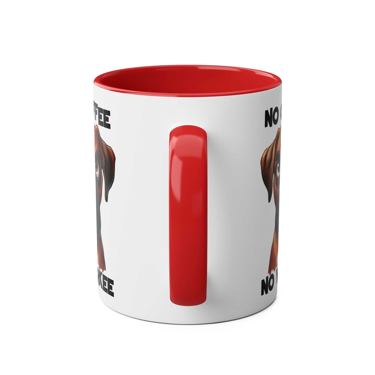 Red and white ceramic mug with "No Coffee No Workee" slogan and sarky dog design.