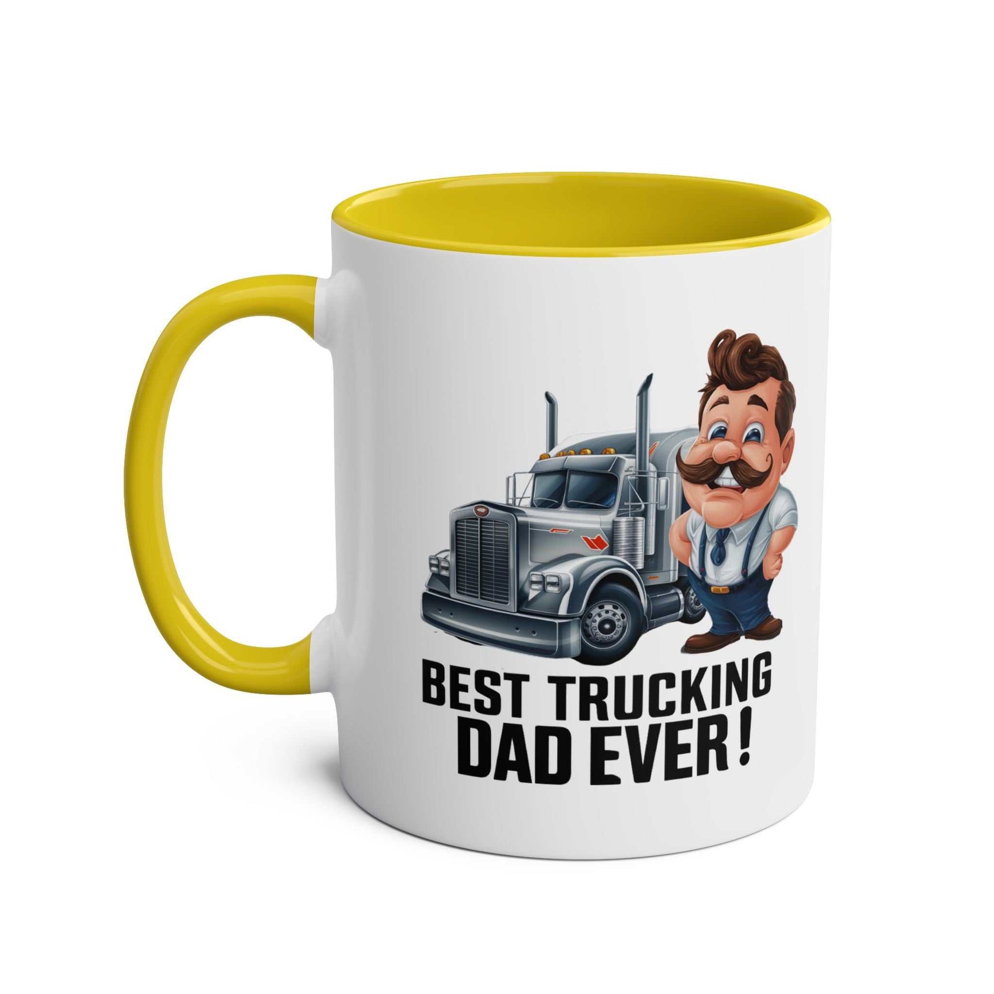 Best Trucking Dad Fun Fathers Day Gift Mug with colorful handle and cheerful truck design.