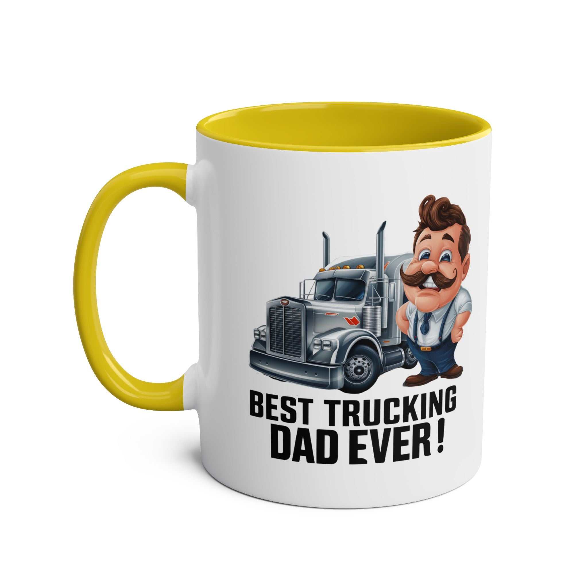 Best Trucking Dad Fun Fathers Day Gift Mug with colorful handle and cheerful truck design.