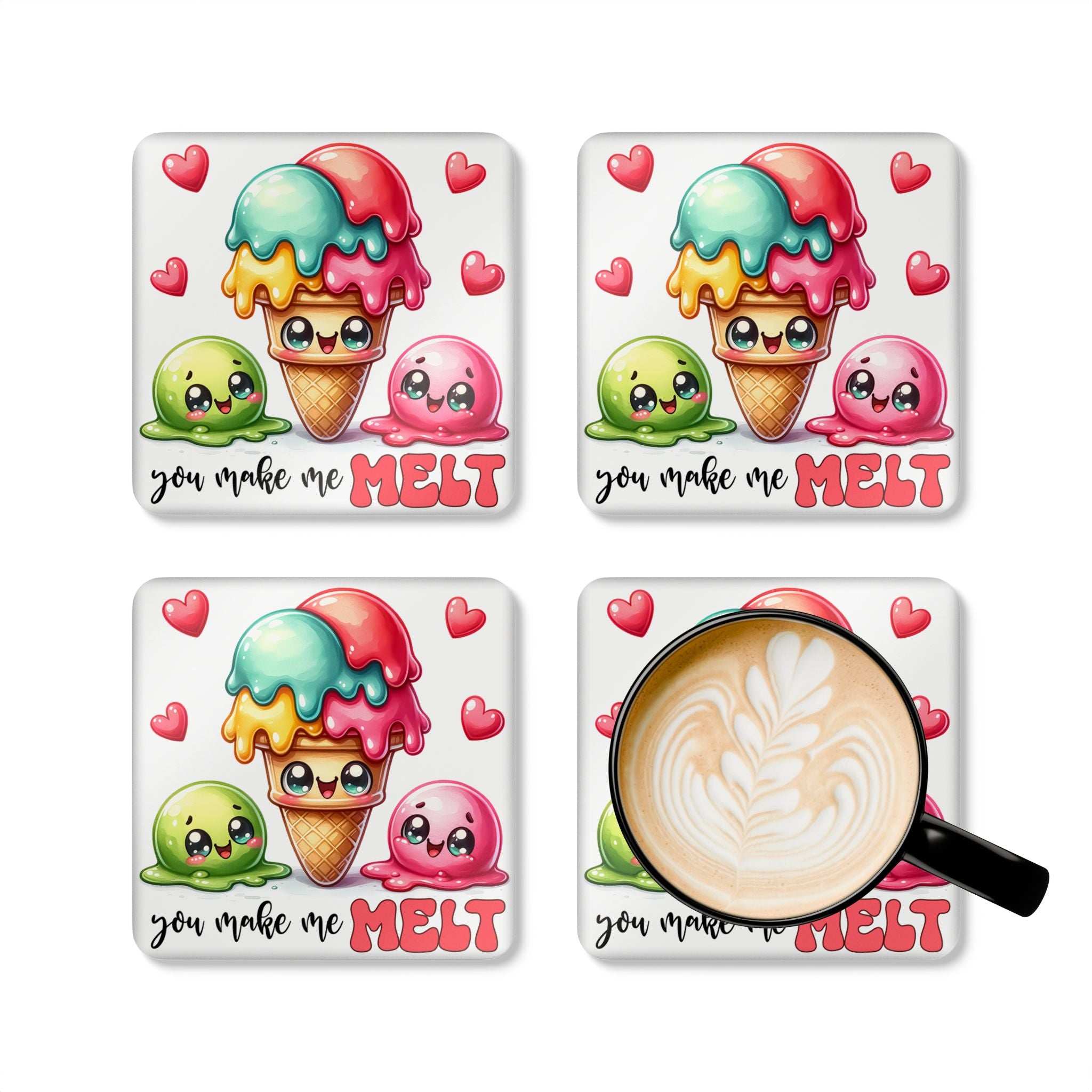 "You Make Me Melt Coaster Set with colorful ice cream and smiles"