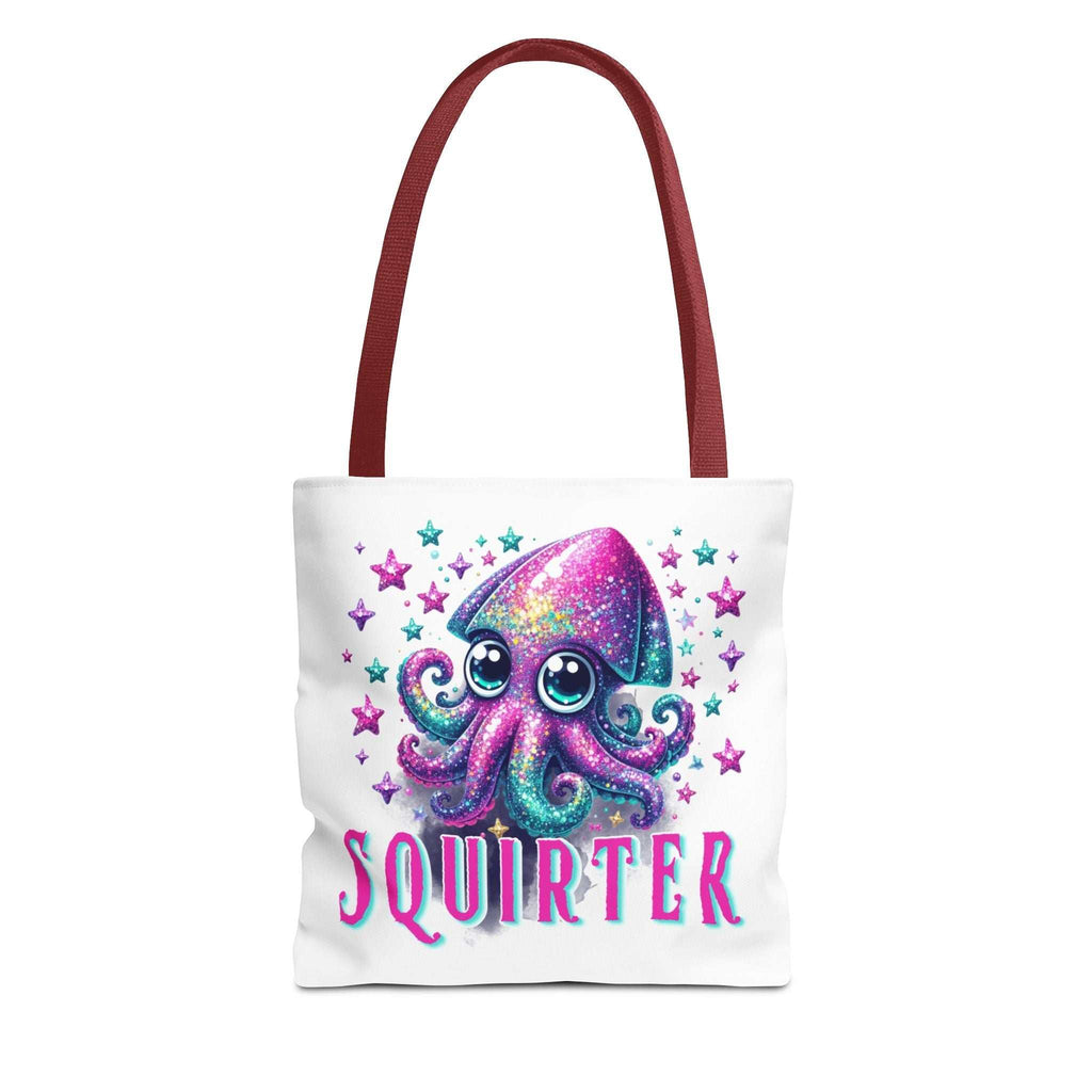 Squirter Squid Tote Bag with cheeky design, durable spun polyester, available in three sizes and multiple handle colors, perfect for everyday use.