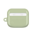 Sage green hard shell AirPods protective case with glossy finish and keyring loop