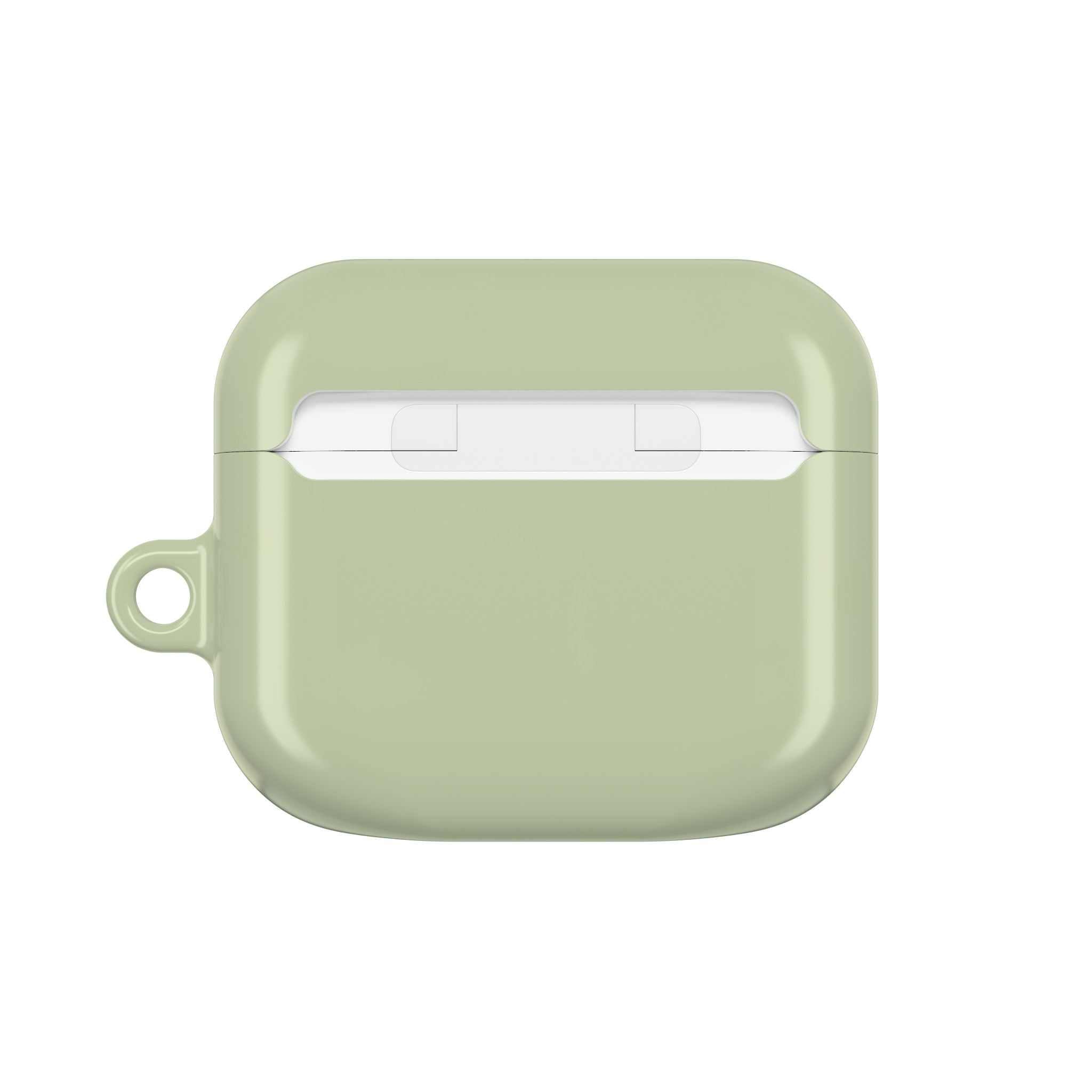 Sage green hard shell AirPods protective case with glossy finish and keyring loop