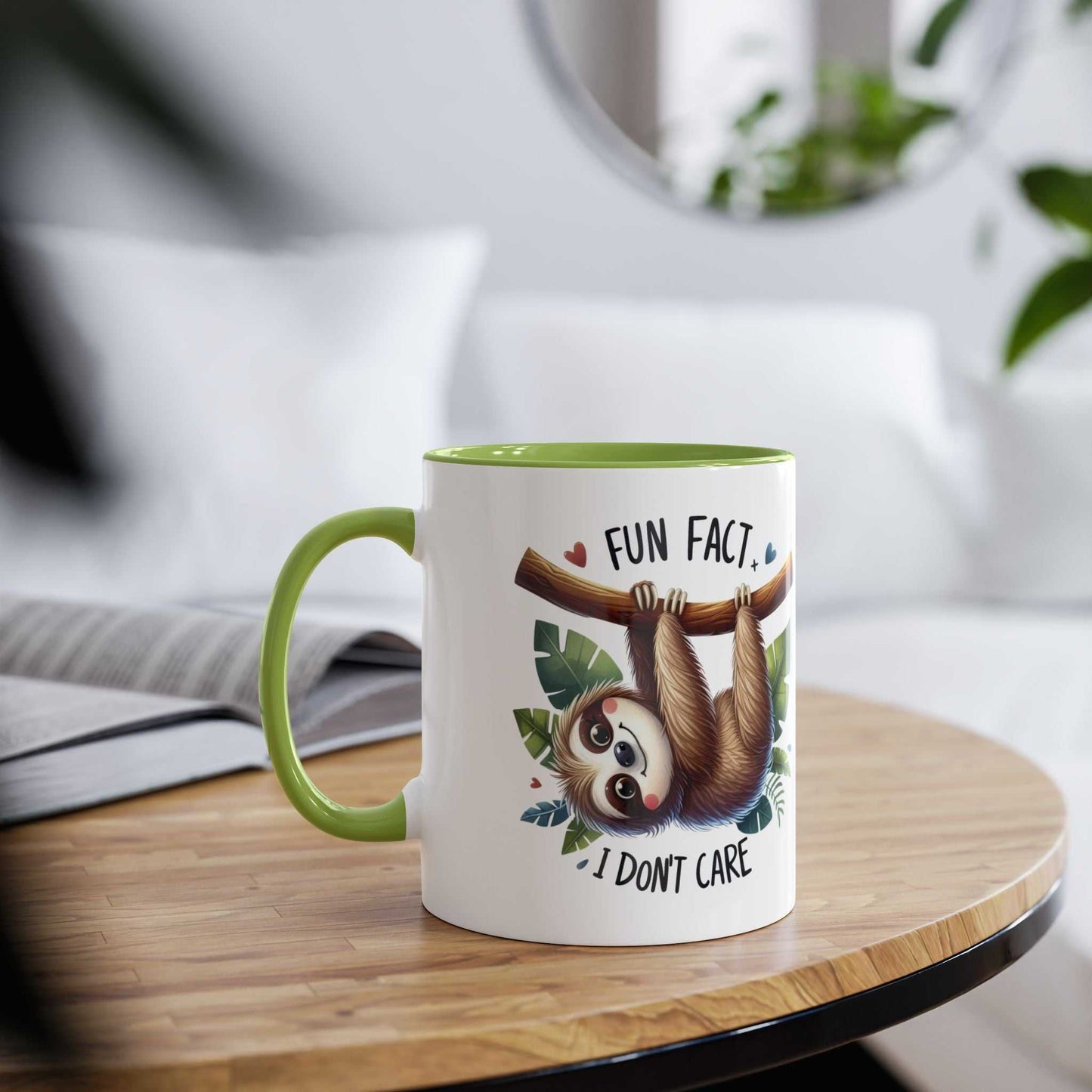 Cute sloth coffee mug with fun design, perfect for animal lovers, 11oz ceramic, microwave & dishwasher safe.