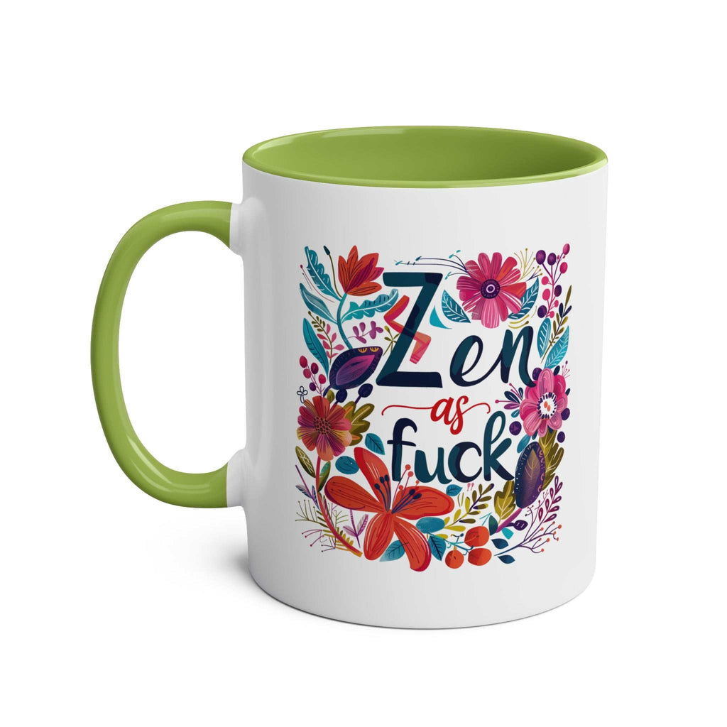 Zen As Fuck Coffee Mug with floral design, green handle and inner, 11oz ceramic, microwave and dishwasher safe.