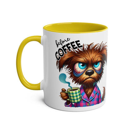 fun sarcastic coffee mug with colorful cartoon design and yellow handle