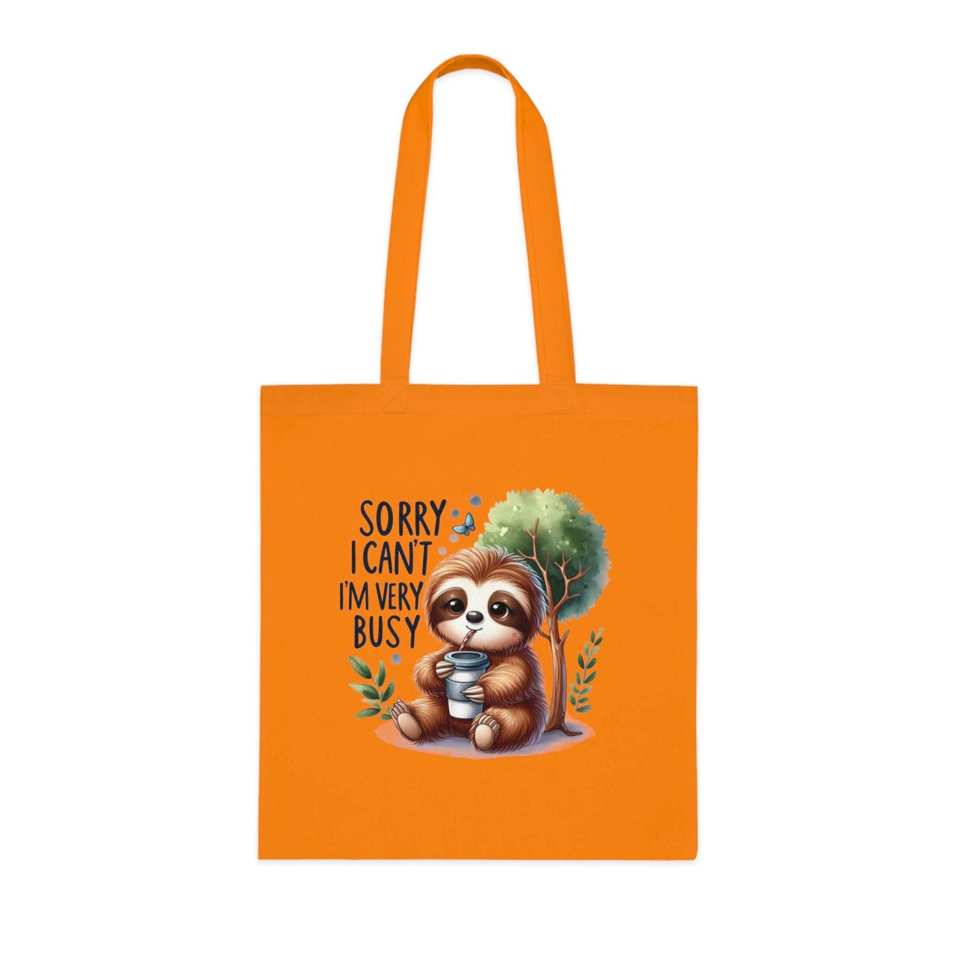 Orange cotton tote bag with cute sloth design and text "Sorry I can't, I'm very busy", ideal for sloth lovers.