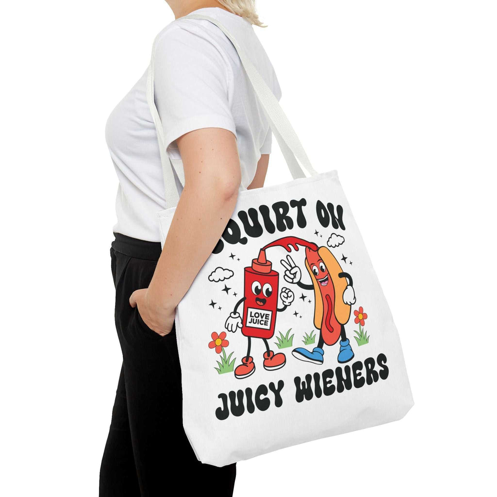 Cheeky I Squirt On Juicy Wieners Fun Tote Bag with hot dog print and durable straps