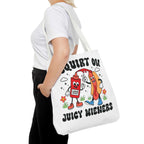 Cheeky I Squirt On Juicy Wieners Fun Tote Bag with hot dog print and durable straps