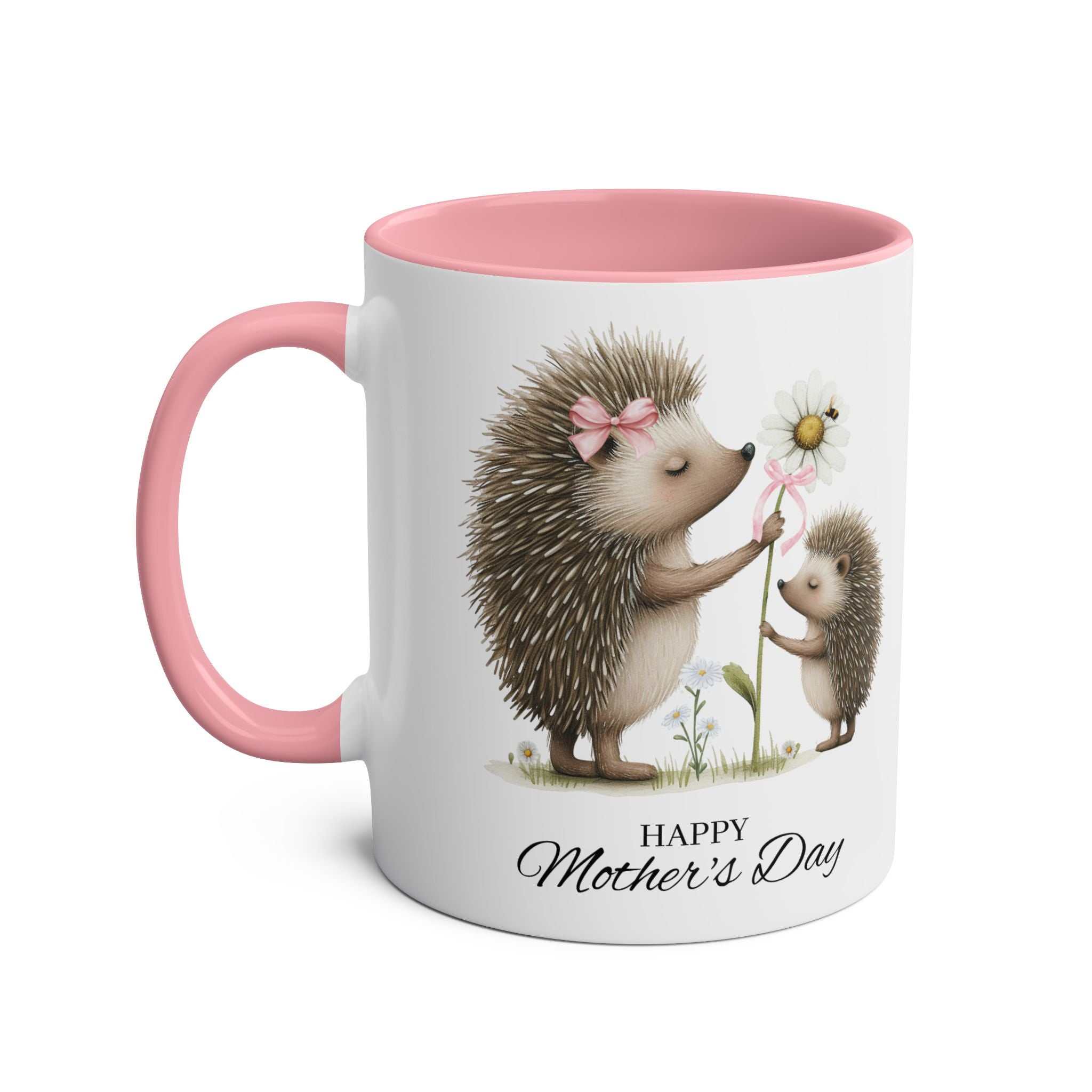 Cute Hedgehog Mother's Day gift mug featuring adorable hedgehogs, pink interior, and "Happy Mother's Day" text.