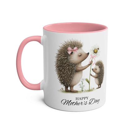 Cute Hedgehog Mother's Day gift mug featuring adorable hedgehogs, pink interior, and "Happy Mother's Day" text.