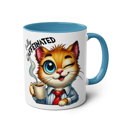 Fun Sarcastic Coffee Mug with Winking Cat Design, 11oz Ceramic, Glossy Finish, Blue Handle.