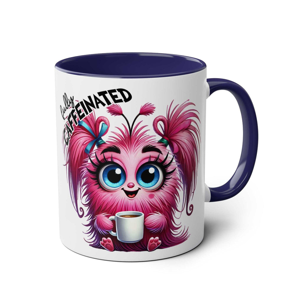 Fun sarcastic coffee mug with pink creature and "Caffeinated" text, glossy finish, 11oz ceramic, dishwasher safe.