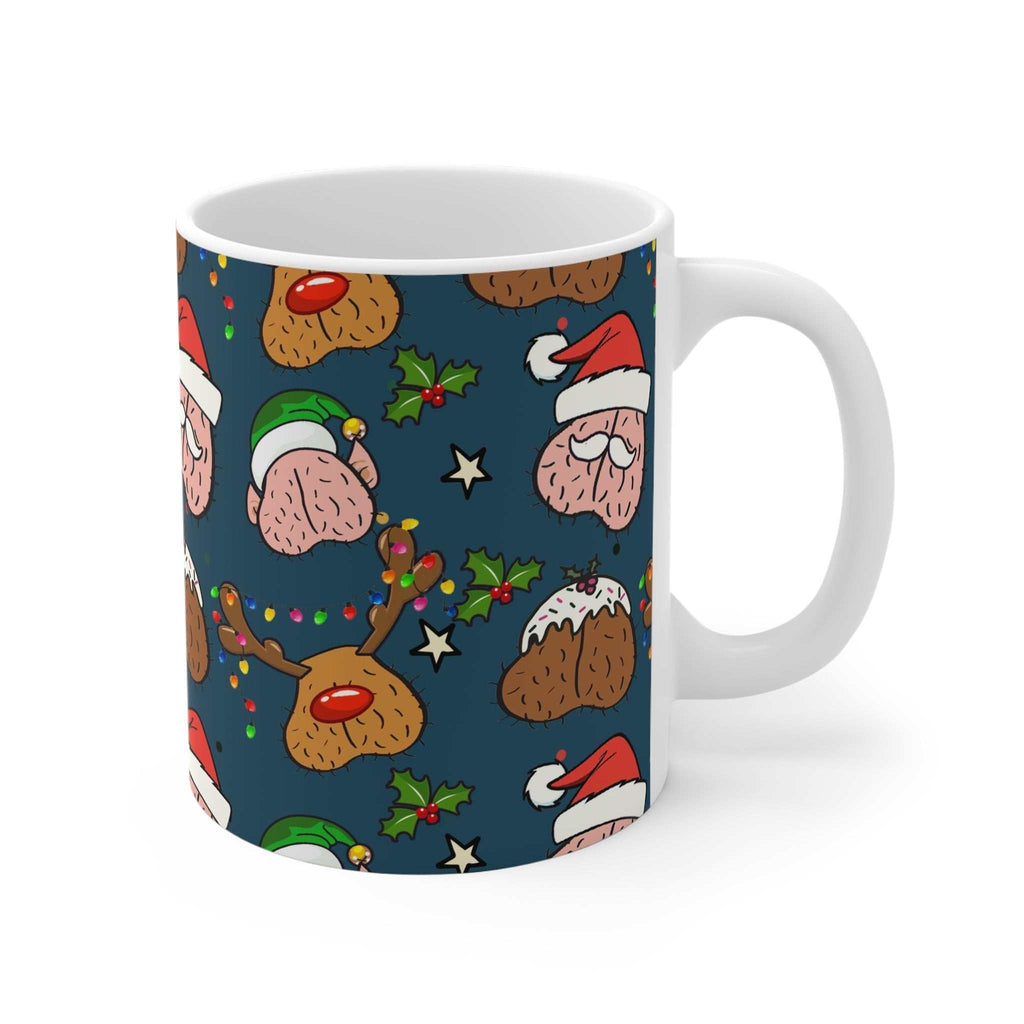 Cheeky fun Christmas mug with vibrant festive design, 11oz ceramic, glossy finish, perfect for holiday cheer.